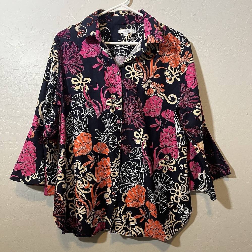 Chico's Navy Blue Floral Button Up 3/4 Bell Sleeve Top US 14